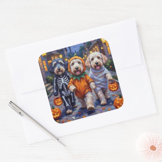 Old English Sheepdogs Trick-or-Treating Halloween Vierkante Sticker (Envelop)