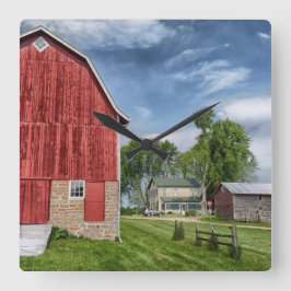 Old Farmhouse and Red Barn Photo Wall Clock Vierkante Klok