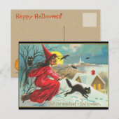 Old Fashion Halloween-heks, vliegend, zwart Kat Briefkaart (Voorkant / Achterkant)
