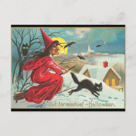 Old Fashion Halloween-heks, vliegend, zwart Kat Briefkaart (Voorkant)