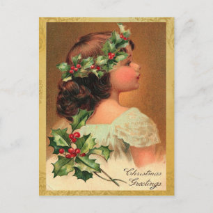 Old Fashion Holly Girl Christmas Holiday Feestdagenkaart