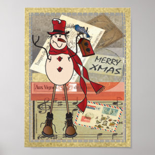 Old Fashion Red Snowman   Christmas Poster