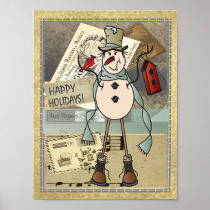 Old Fashion  Style Blue Snowman Poster