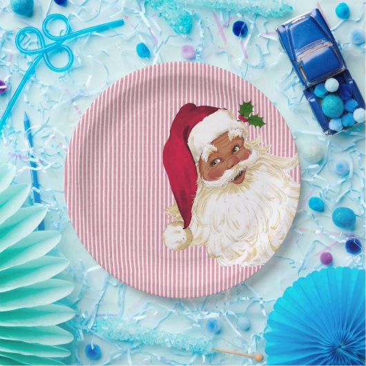 Old Fashioned Black Santa Cranberry Stripe Papieren Bordje (Feest)