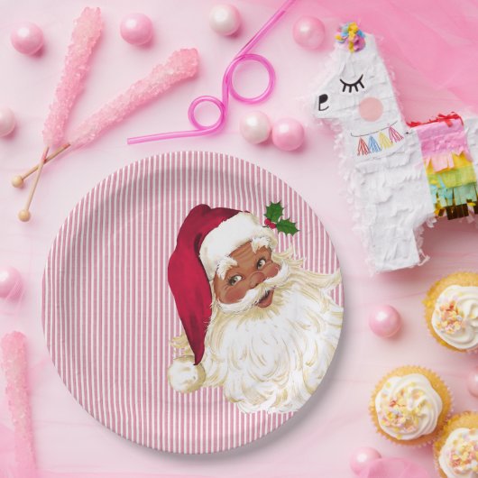 Old Fashioned Black Santa Cranberry Stripe Papieren Bordje (Feest)