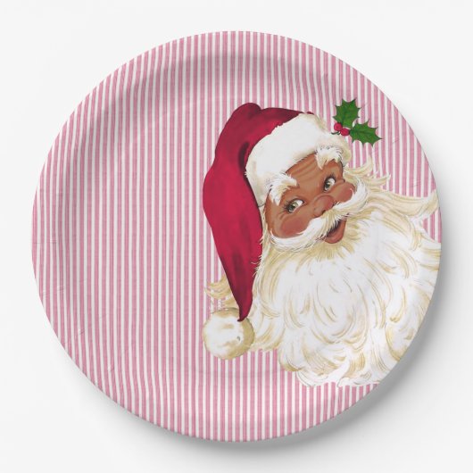 Old Fashioned Black Santa Cranberry Stripe Papieren Bordje (Voorkant)