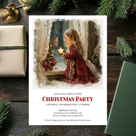 Old fashioned girl awaits Santa digital invitation Kaart