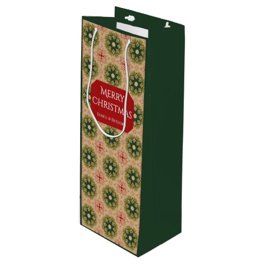 Old-fashioned Green Pine Red Lace Christmas  Wijn Cadeautas (Voorkant Gekanteld)