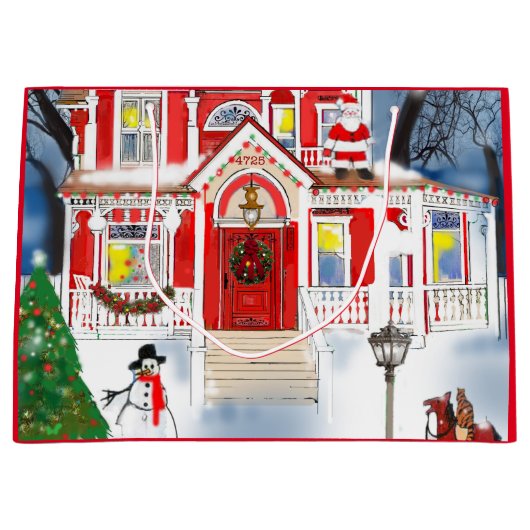 Old Fashioned kerstscene Victoriaans House Snow Groot Cadeauzakje (Voorkant)