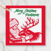 Old Fashioned Woodcut Santa Claus en Reindeer Bedankjes Labels (Voorkant)