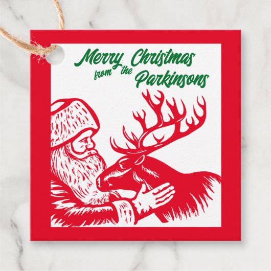 Old Fashioned Woodcut Santa Claus en Reindeer Bedankjes Labels (Voorkant)