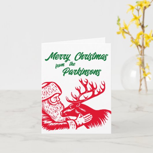 Old Fashioned Woodcut Santa Claus en Reindeer Hol Kaart (Gele Bloem)