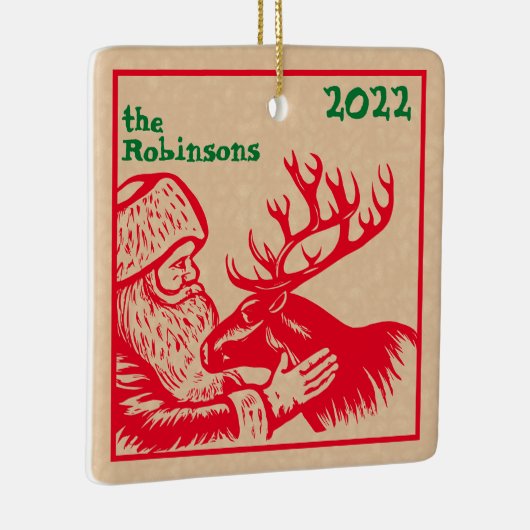 Old Fashioned Woodcut Santa Claus en Reindeer Keramisch Ornament (Rechts)
