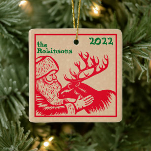 Old Fashioned Woodcut Santa Claus en Reindeer Keramisch Ornament