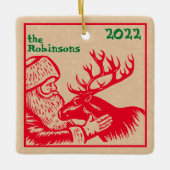 Old Fashioned Woodcut Santa Claus en Reindeer Keramisch Ornament (Voorkant)