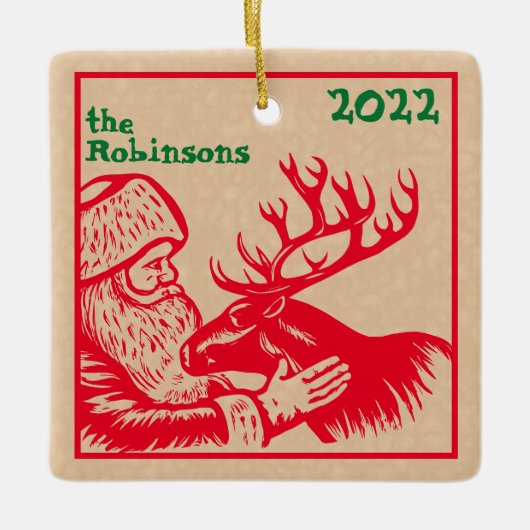 Old Fashioned Woodcut Santa Claus en Reindeer Keramisch Ornament (Voorkant)