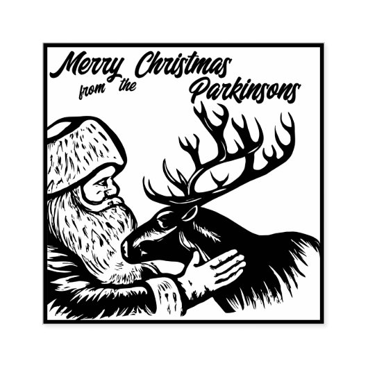 Old Fashioned Woodcut Santa Claus en Reindeer Rubberstempel (Afrduk)