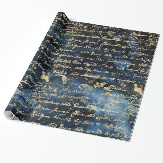 Old Gold Script Navy Blue Cadeaupapier (Uitgerold)