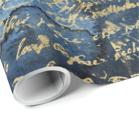Old Gold Script Navy Blue Cadeaupapier (Rol Hoek)