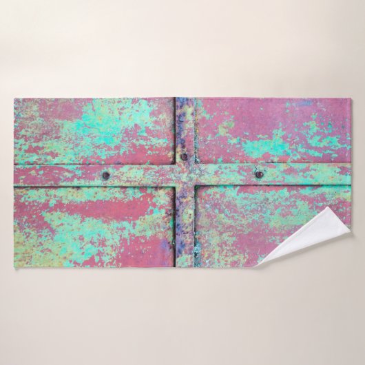 Old green painted wall with rust texture. Grunge r Badhanddoek (Badhanddoek)