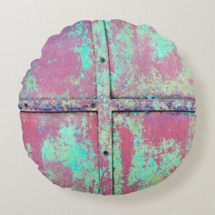 Old green painted wall with rust texture. Grunge r Rond Kussen