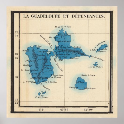 Old Guadeloupe Island Map (1844)  Gwadloup Poster (Voorkant)