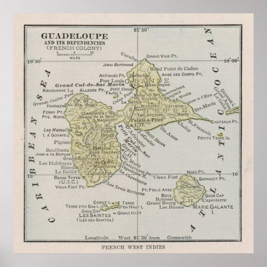 Old Guadeloupe Island Map (1912)  Gwadloup Poster (Voorkant)