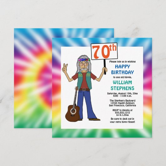 Old Hippie Hippy Tie Dye 70th Birthday Party Invit Kaart (Voorkant / Achterkant)