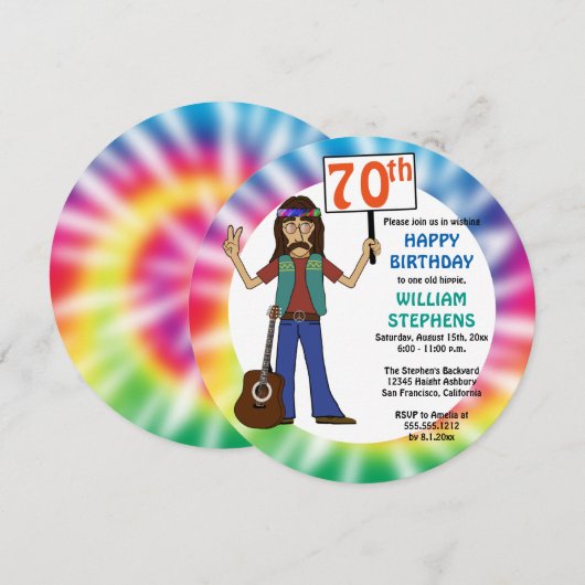 Old Hippie Hippy Tie Dye 70th Birthday Party Invit Kaart (Voorkant / Achterkant)