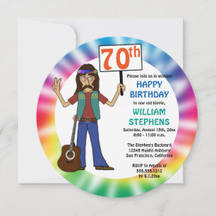 Old Hippie Hippy Tie Dye 70th Birthday Party Invit Kaart