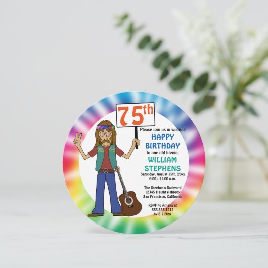 Old Hippie Hippy Tie Dye 75th Birthday Party Kaart (Staand voorkant)