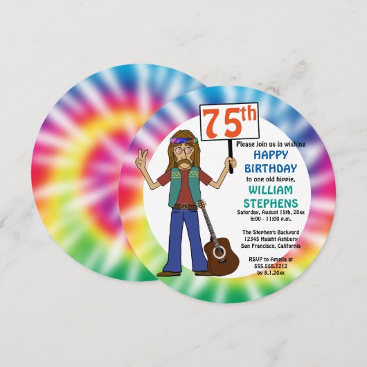 Old Hippie Hippy Tie Dye 75th Birthday Party Kaart (Voorkant / Achterkant)