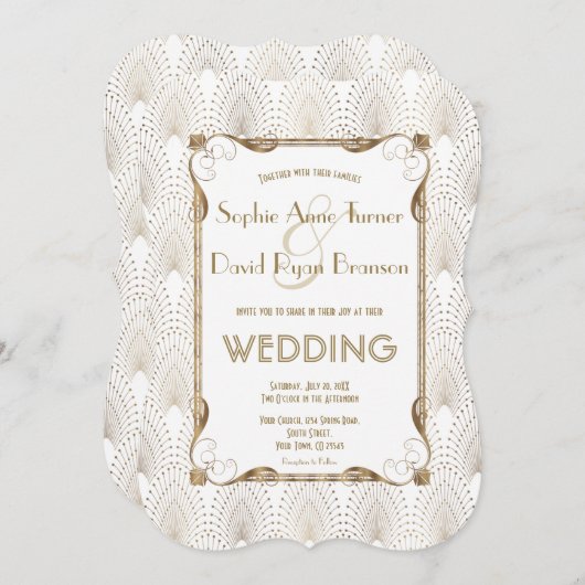 Old Hollywood Great Gatsby White Wedding Invite Kaart (Voorkant / Achterkant)