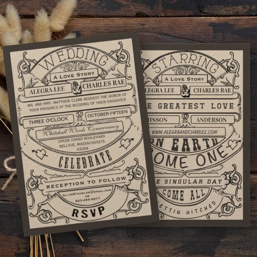Old Hollywood Typography Ticket Wedding Invite Kaart