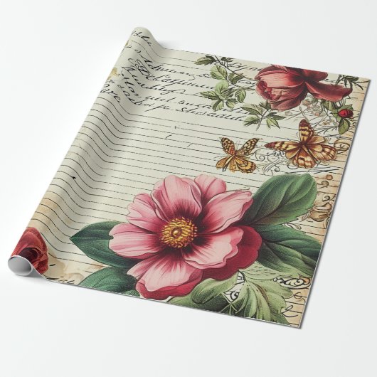 Old Junk Journal Bloembrieven Cadeaupapier (Uitgerold)