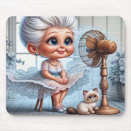 Old Lady Cooling Off In Front of an Old Fan Muismat (Voorkant)