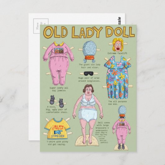 Old Lady Paper Doll. Briefkaart (Voorkant / Achterkant)
