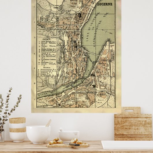Old Lucerne Zwitserland Map (1887) Poster (Keuken)