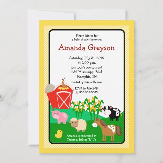 Old MacDonald Barnyard 5x7 Baby shower Invitation Kaart (Voorkant)
