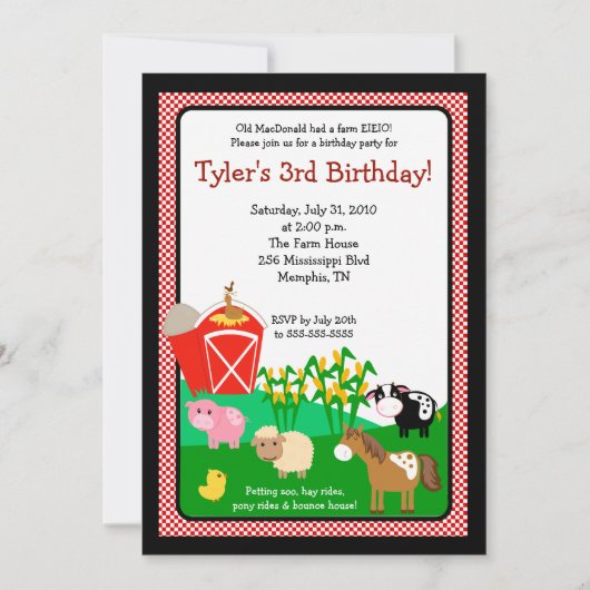 Old MacDonald Boerderij EIO 5x7 Birthday Invitatio Kaart (Voorkant)