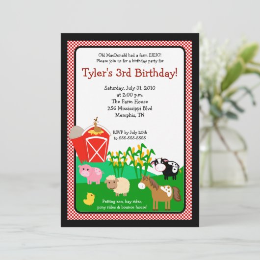 Old MacDonald Boerderij EIO 5x7 Birthday Invitatio Kaart (Staand voorkant)