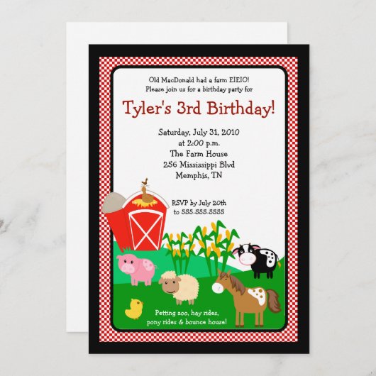 Old MacDonald Boerderij EIO 5x7 Birthday Invitatio Kaart (Voorkant / Achterkant)