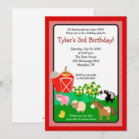 Old MacDonald Boerderij EIO 5x7 Birthday Invitatio Kaart (Voorkant / Achterkant)