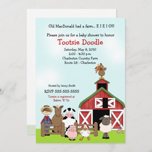 Old MacDonald EIO Boerderij Barnyard Baby shower Kaart (Voorkant / Achterkant)