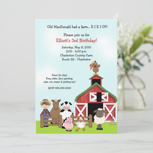 Old MacDonald EIO Boerderij Barnyard Birthday Invi Kaart (Staand voorkant)