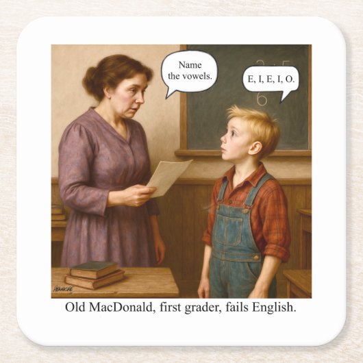 Old MacDonald, first grader, fails English. Kartonnen Onderzetters (Voorkant)