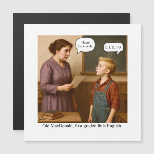 Old MacDonald, first grader, fails English. Magnetische Uitnodiging (Voorkant / Achterkant)