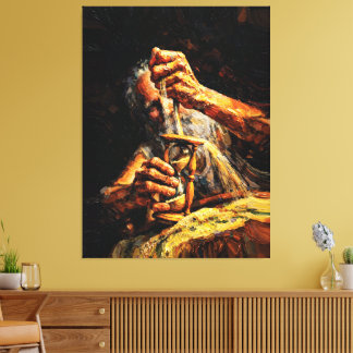 Old Man Hourglass Time Slipping Away Impasto Canvas Afdruk