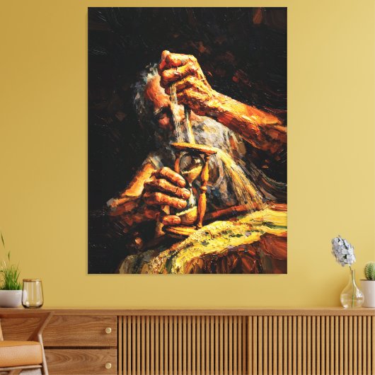 Old Man Hourglass Time Slipping Away Impasto Canvas Afdruk (Insitu (Woonkamer))