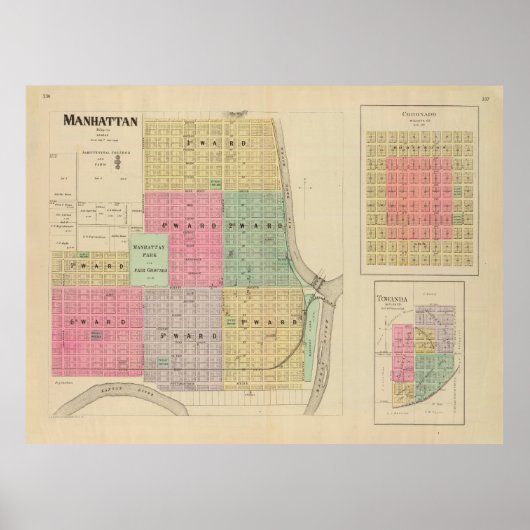 Old Manhattan KS Map (1887) Poster (Voorkant)